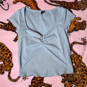 SHEIN Light Blue Ribbed V-Neck Ruched Crop Top